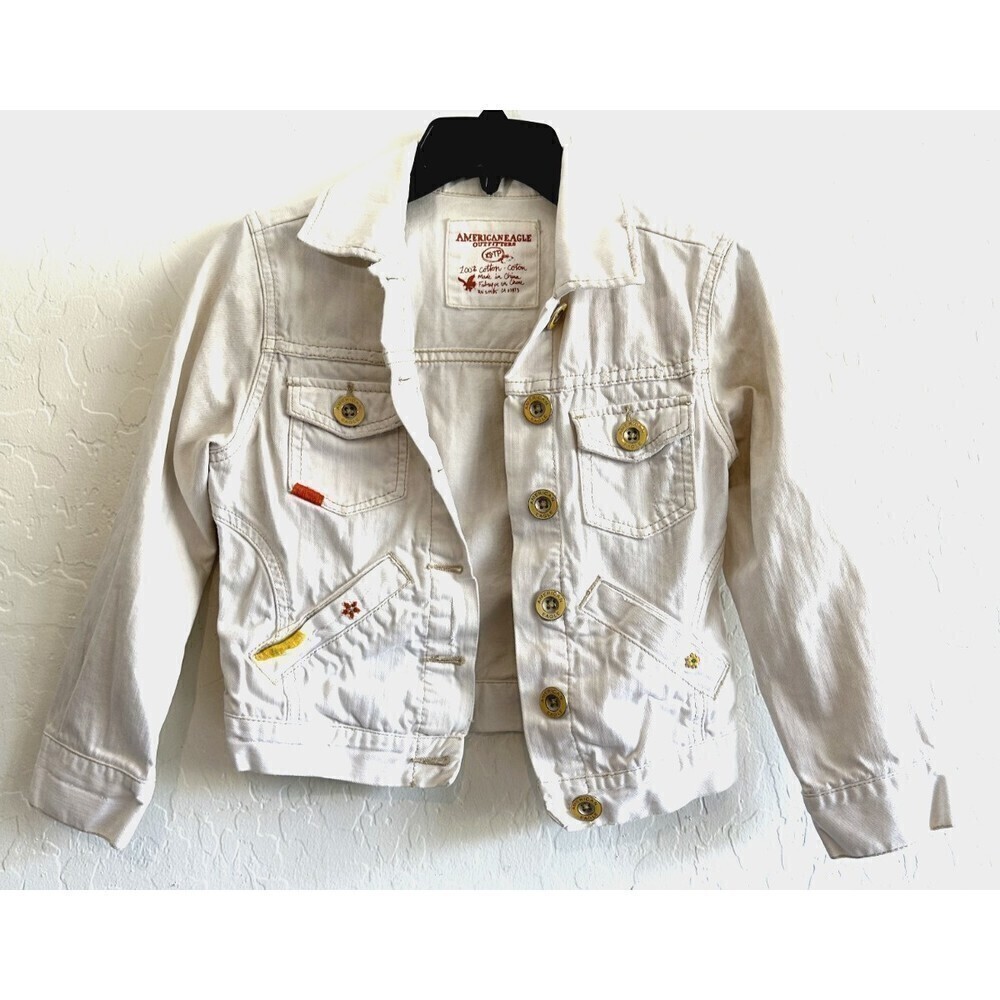American‎ Eagle Outfitters Girls White Denim Button Up Jacket Size XS Minimal